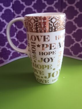 White Ceramic Mug with Gold Lettering - Love Hope Peace Joy